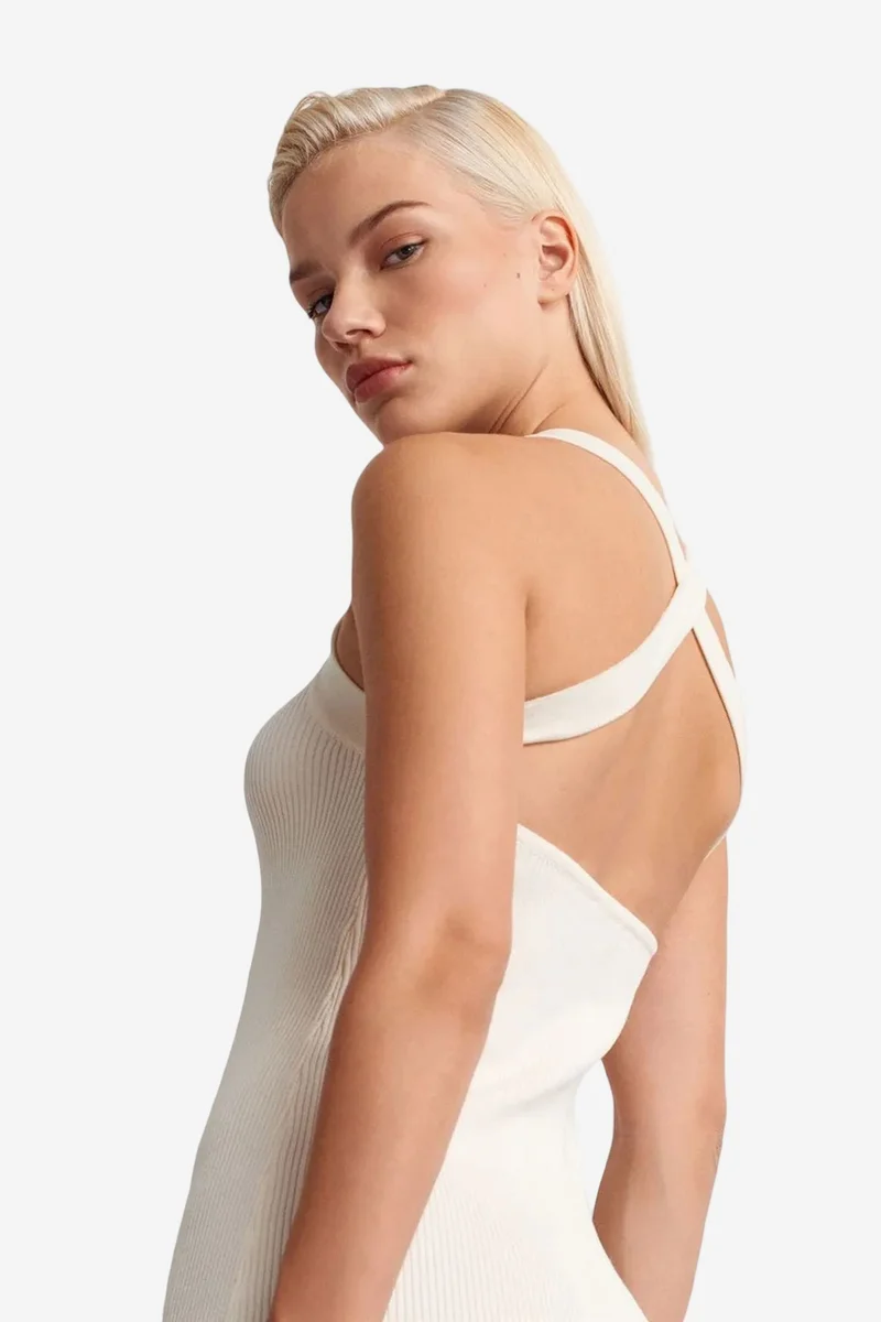 Dilvin Cream Natural DILVIN Ribbed Halter Midi Bodycon Dress for Women | Best Price UAE