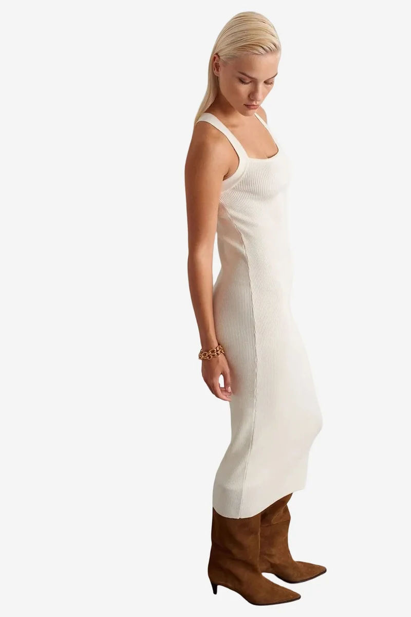 Dilvin Cream Natural DILVIN Ribbed Halter Midi Bodycon Dress for Women | Best Price UAE