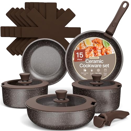 BAKKENMASTER Bakken- Swiss Kitchen Cookware Set - Nonstick Granite Coating, Pots and Pans with Handles and Tempered Glass Lids, PFOA, PFOS, PTFE Free, Ceramic Max Temperature (Up To 500° F), Set of 15 - Dark Gray - Image 1