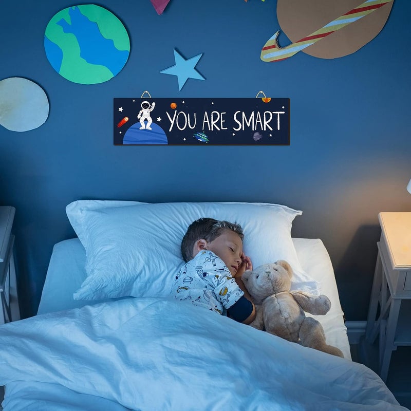 BPA 4 Pieces Inspirational Wall Art Decor Space Themed Bedroom Decor Motivational Wooden Kids Room Decor Nursery Hanging Playroom Decor Outer Space Room Decor for Baby Boys Toddler Classroom Decor - Image 2