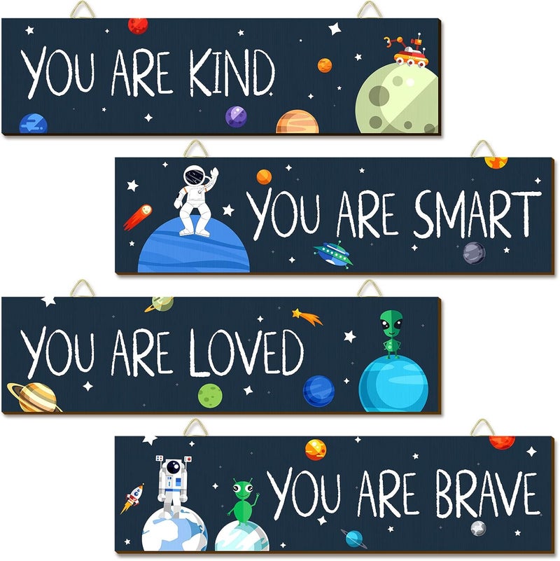 BPA 4 Pieces Inspirational Wall Art Decor Space Themed Bedroom Decor Motivational Wooden Kids Room Decor Nursery Hanging Playroom Decor Outer Space Room Decor for Baby Boys Toddler Classroom Decor - Image 1