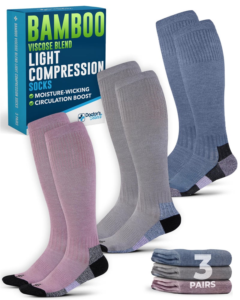Doctor's Select Bamboo Viscose Light Compression Socks for Women & Men - 3 Pairs, Knee High Comfort and Support, 8-15 mmHg Compression Socks Women, Gray, Blue, Rose - Image 1