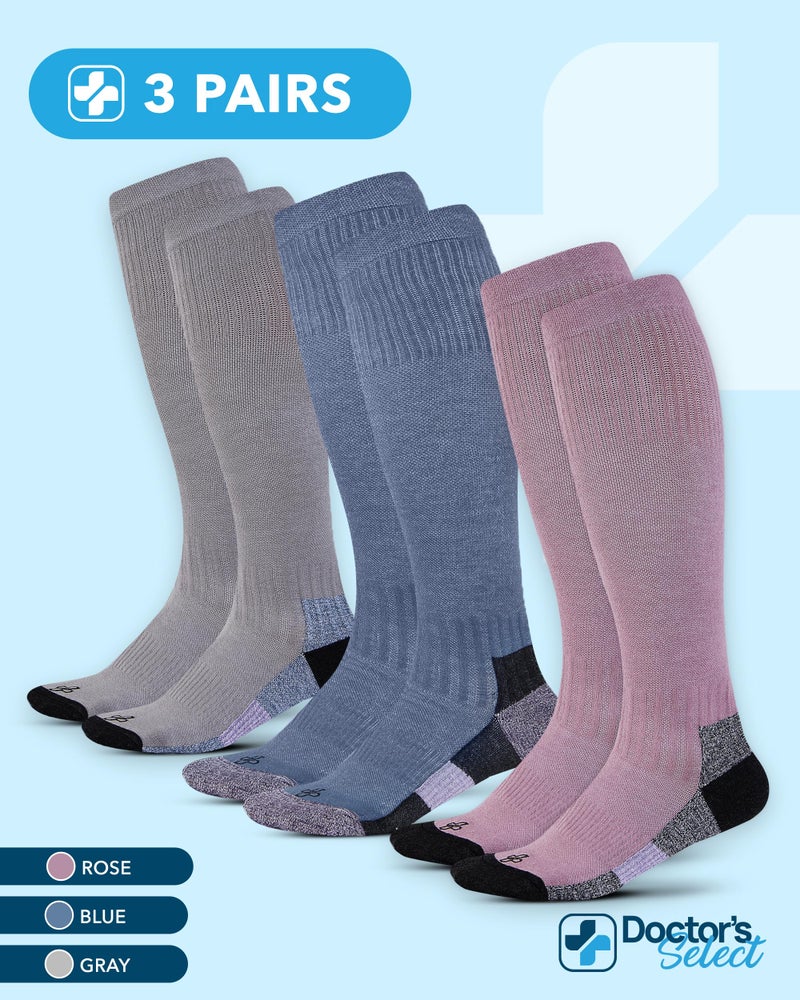 Doctor's Select Bamboo Viscose Light Compression Socks for Women & Men - 3 Pairs, Knee High Comfort and Support, 8-15 mmHg Compression Socks Women, Gray, Blue, Rose - Image 4