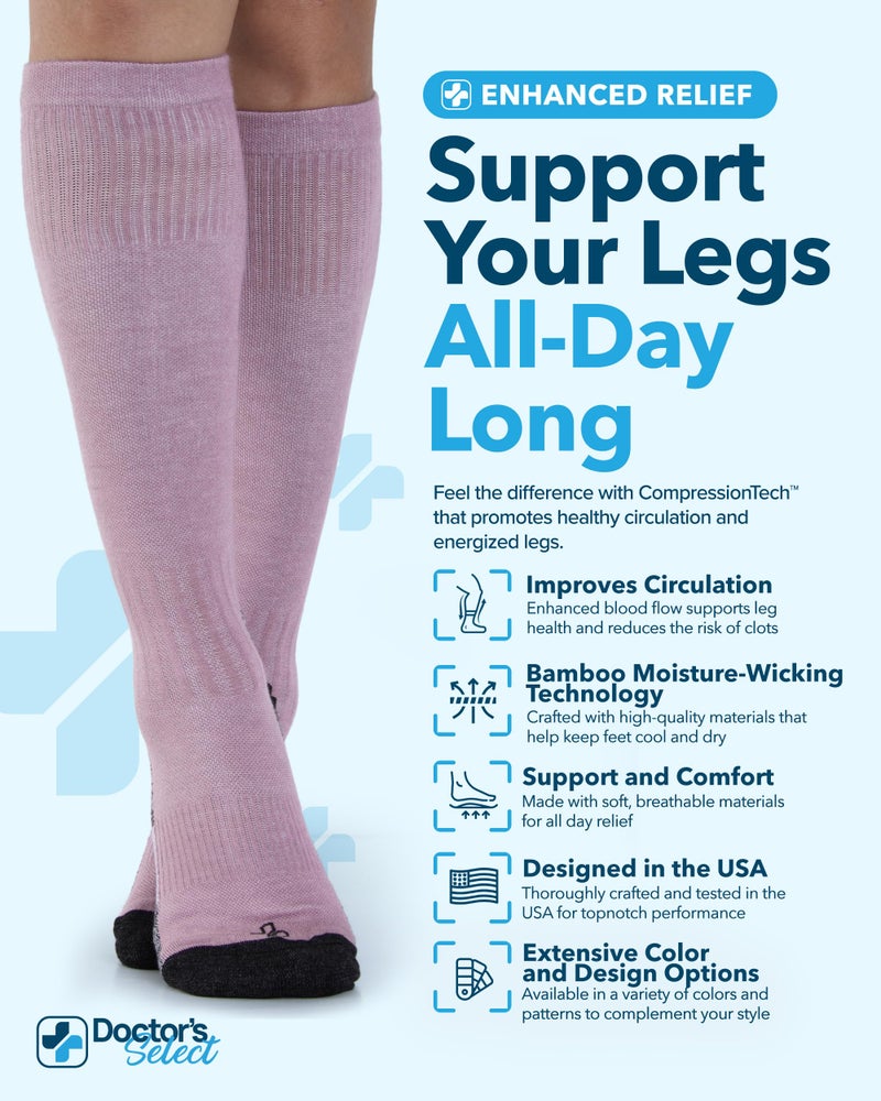 Doctor's Select Bamboo Viscose Light Compression Socks for Women & Men - 3 Pairs, Knee High Comfort and Support, 8-15 mmHg Compression Socks Women, Gray, Blue, Rose - Image 2