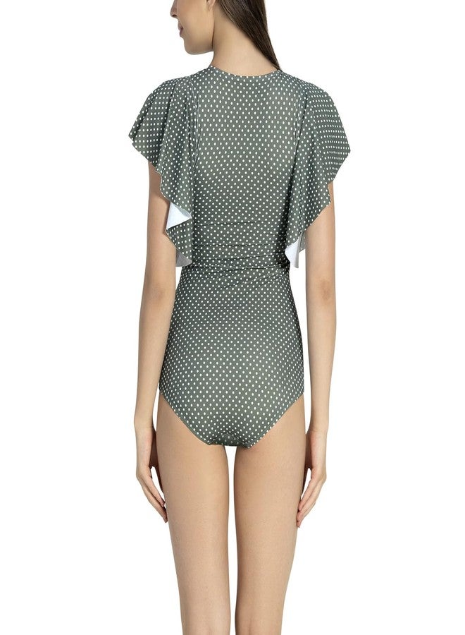 Amante Womens Ruffel Sleeve Swimming Dress Olive Polka Pr Small - Image 3