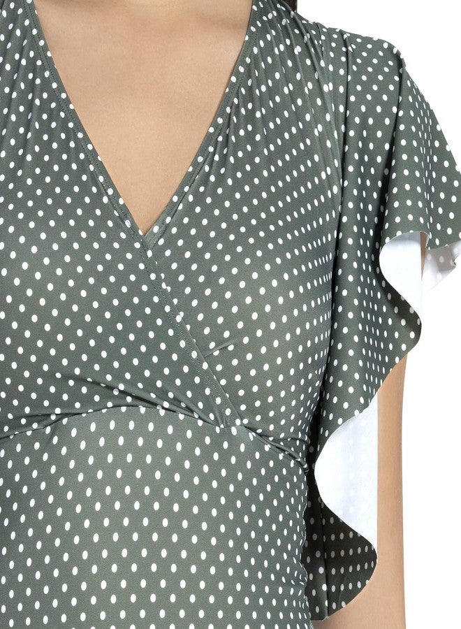 Amante Womens Ruffel Sleeve Swimming Dress Olive Polka Pr Small - Image 4