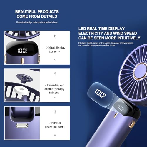 Wisely Multifunctional Handheld Fan with Digital Display – Rechargeable USB Mini Fan with 5-Speed – Silent, Portable Desk Fan for Makeup Girl Women Travel, Office, Home – Personal Cooling Fan, Blue - Image 5