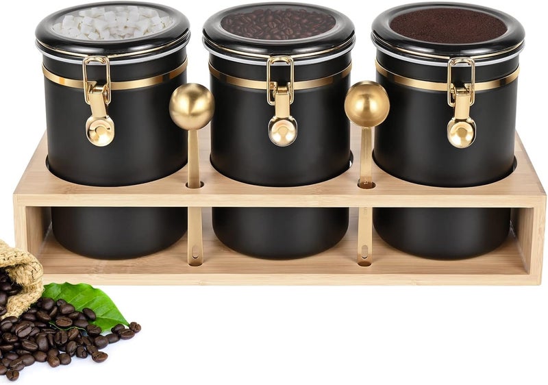 Yangbaga 304 Stainless Steel Coffee Canisters for Ground Coffee3 x 63 OZ Coffee Container with Shelf Coffee Bean Storage Food Storage Jar with Gold Airtight Locking Clamp and Spoon for Kitchen