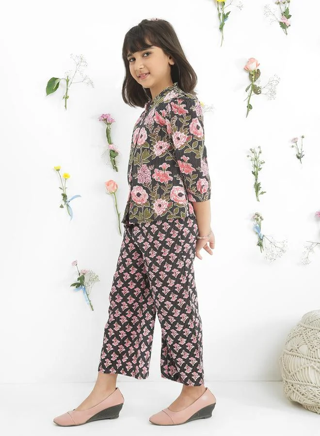 globus Girls Black Frilled Floral Print Shirt with Pants Set