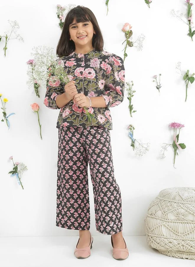 globus Girls Black Frilled Floral Print Shirt with Pants Set
