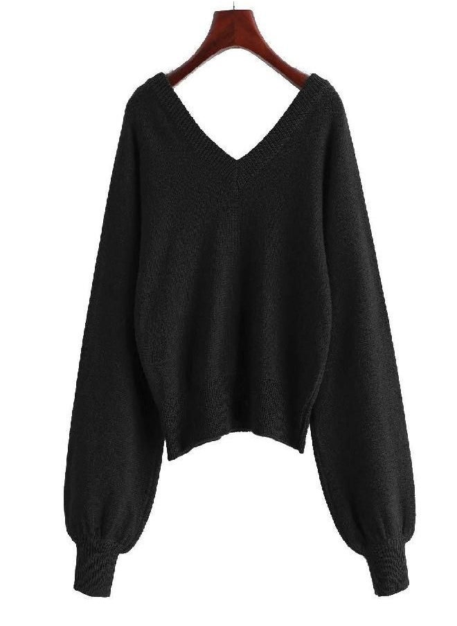 ZAFUL ZAFUL Women's Cropped Sweater V-Neck Long Sleeve Crop Sweater Pullover Jumper Knit Top (1-Black, M)  - Image 2
