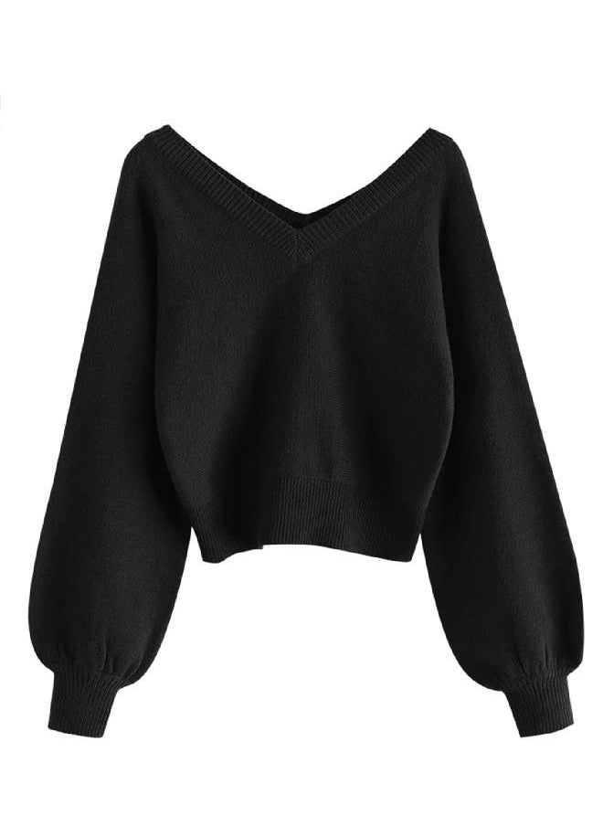 ZAFUL ZAFUL Women's Cropped Sweater V-Neck Long Sleeve Crop Sweater Pullover Jumper Knit Top (1-Black, M)  - Image 3
