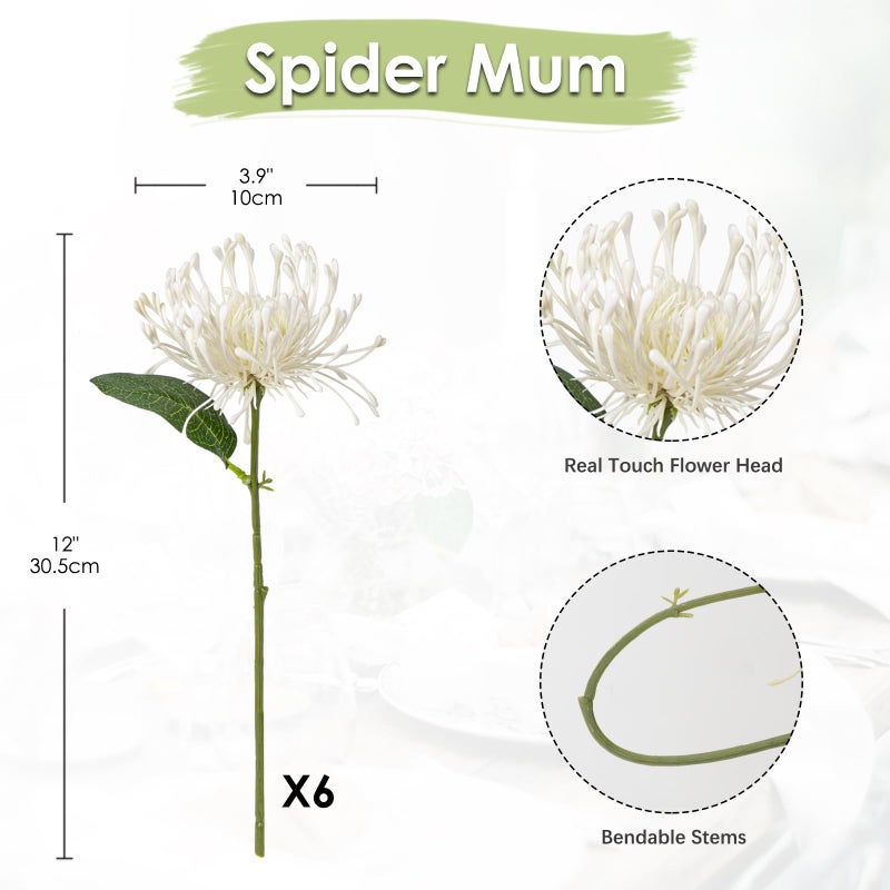 Briful 6PCS Artificial Mums Spring Flowers 4'' White Spider Chrysanthemum Fake Flowers Bouquet for Home Vase Centerpieces Arrangements Bridal Shower Decoration - Image 2