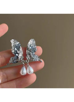2024 Sophisticated Silver Needle Butterfly Pearl Stud Earrings A1328 Silver