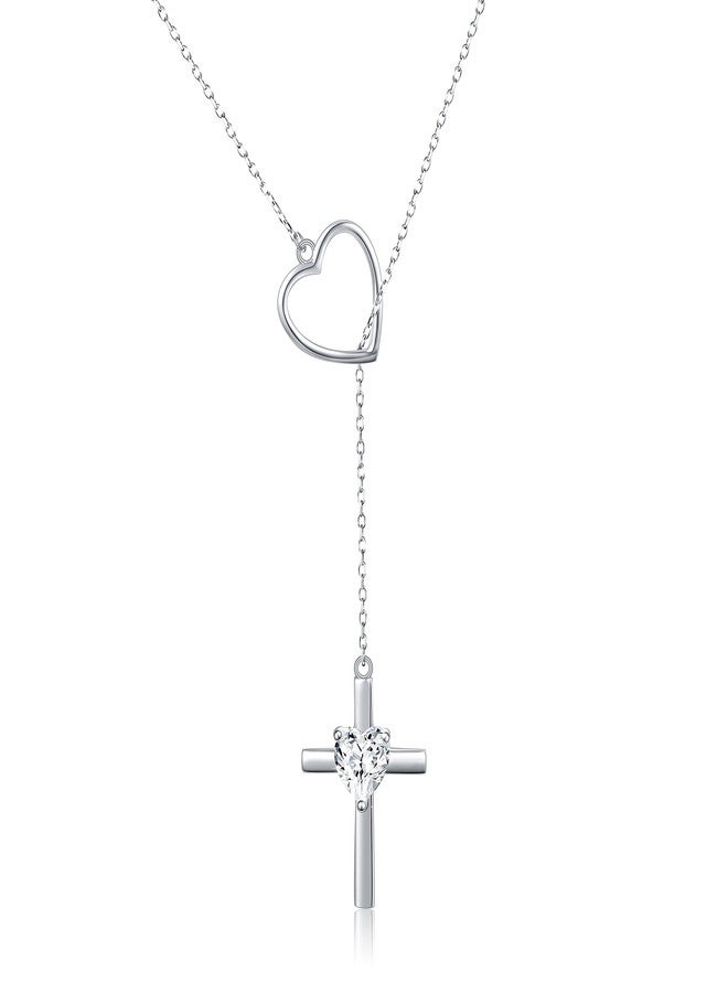 Yearace Cross Necklace 925 Sterling Silver Infinity Loving of God Lariat Y Shaped Heart Cross Pendant Religious Necklace for Women Teen, 24 inch - Image 1