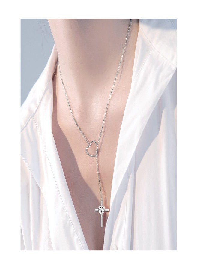 Yearace Cross Necklace 925 Sterling Silver Infinity Loving of God Lariat Y Shaped Heart Cross Pendant Religious Necklace for Women Teen, 24 inch - Image 2