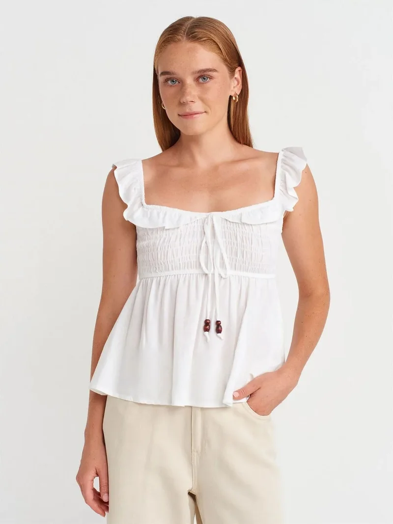 Dilvin Dilvin Sleeveless Square-neck Blouse With Tie Front