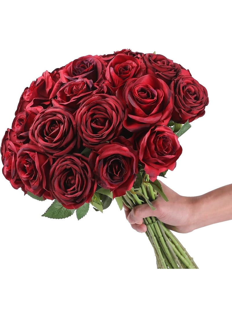 LATIFA 12pcs Artificial Roses Silk Flowers with Long Stem, Fake Rose Bouquet for Home Decor & Wedding, Wine Red - Image 1