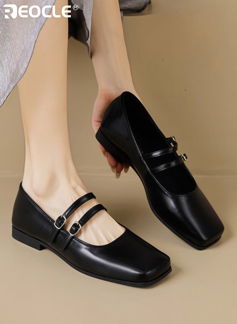 REOCLE Women's Square Toe Mary Jane Flats with Adjustable Multi-Strap Closures Comfortable Casual Shoes for Daily Wear Errands Versatile Outfit Pairings - Image 1