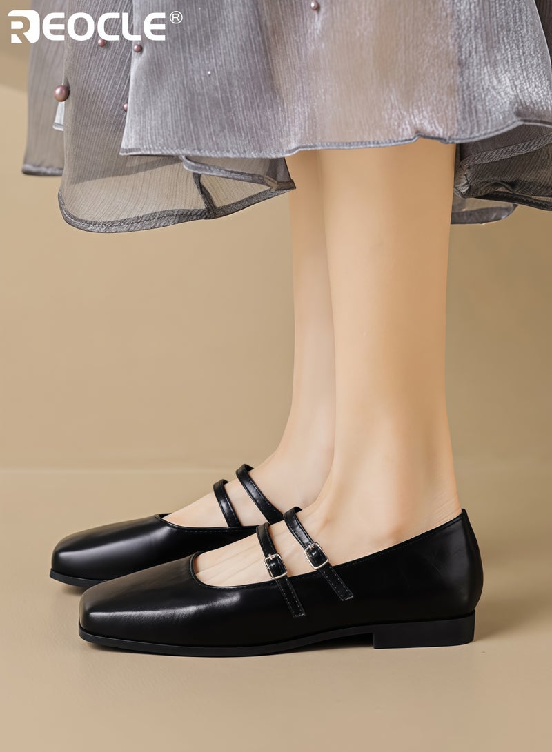REOCLE Women's Square Toe Mary Jane Flats with Adjustable Multi-Strap Closures Comfortable Casual Shoes for Daily Wear Errands Versatile Outfit Pairings - Image 3