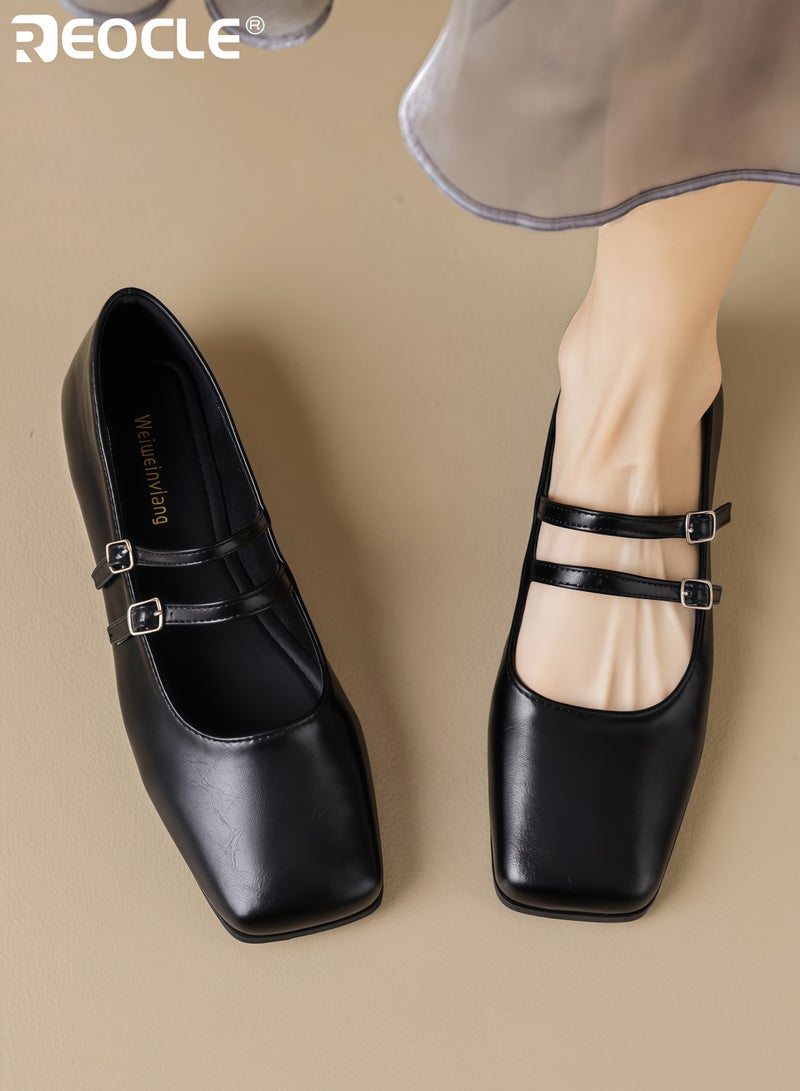 REOCLE Women's Square Toe Mary Jane Flats with Adjustable Multi-Strap Closures Comfortable Casual Shoes for Daily Wear Errands Versatile Outfit Pairings - Image 2