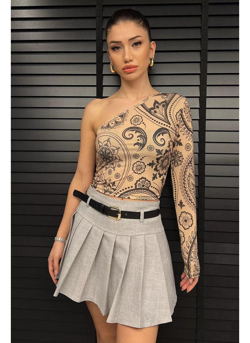 Gülseli Women's Croptop Blouse with Rose Pattern and Single Sleeve Detail  - Image 1