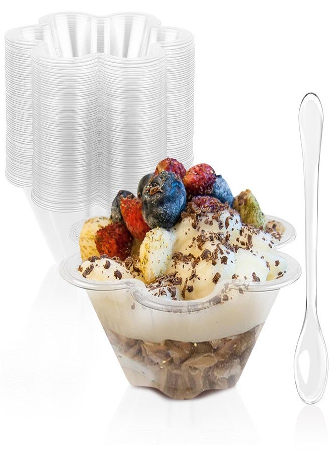 TOFLEN 8 oz Dessert Cups with Spoons, 50 Pack Clear Plastic Small Party Serving Bowls for Sundae, Parfait, Fruit, Strawberry Shortcake, Disposable Snack Bowls (Flower Shape) - Image 1