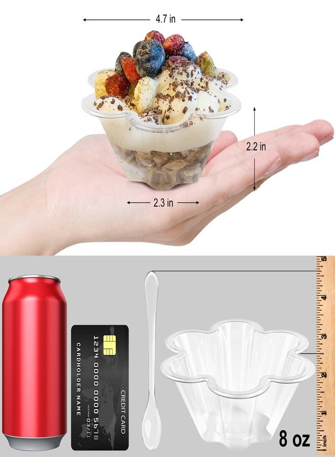 TOFLEN 8 oz Dessert Cups with Spoons, 50 Pack Clear Plastic Small Party Serving Bowls for Sundae, Parfait, Fruit, Strawberry Shortcake, Disposable Snack Bowls (Flower Shape) - Image 2