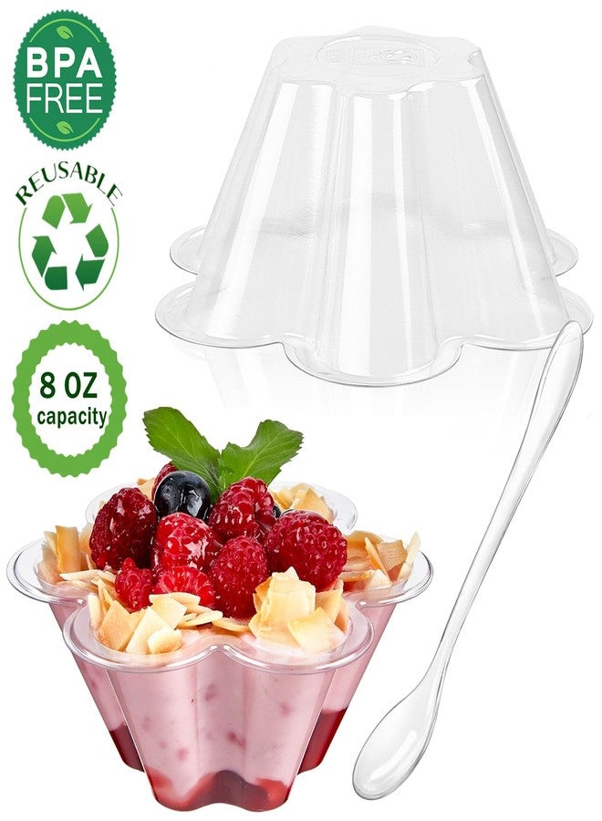 TOFLEN 8 oz Dessert Cups with Spoons, 50 Pack Clear Plastic Small Party Serving Bowls for Sundae, Parfait, Fruit, Strawberry Shortcake, Disposable Snack Bowls (Flower Shape) - Image 3