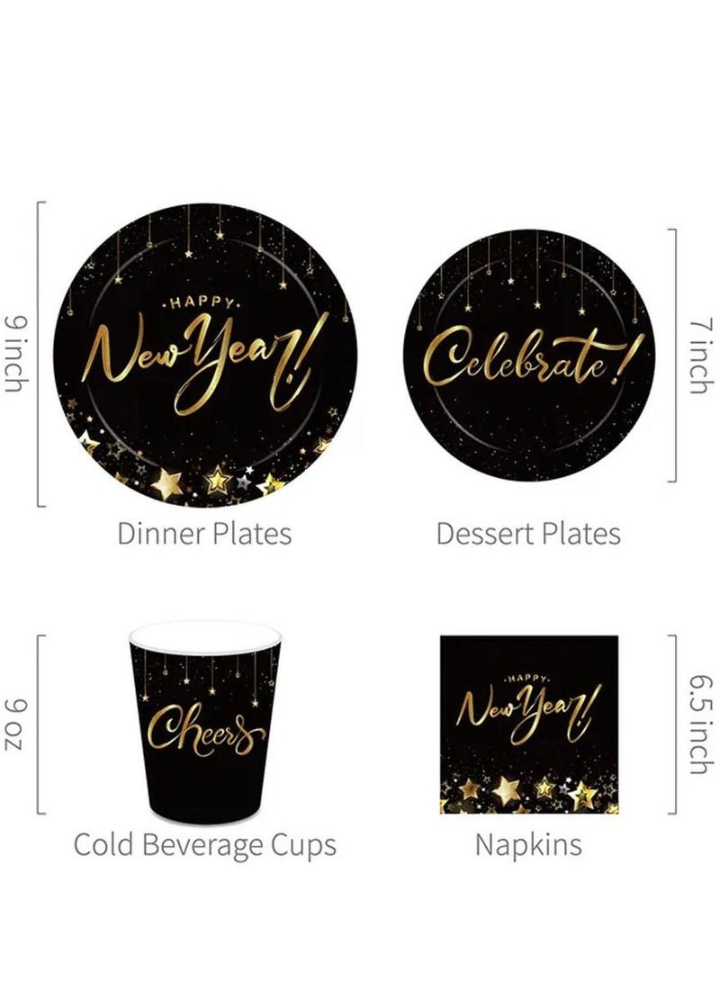 Brain Giggles 77pcs Happy New Year Disposable Tableware Party Supplies With Paper Plates Napkins Cups Spoons Forks Straws - Image 4