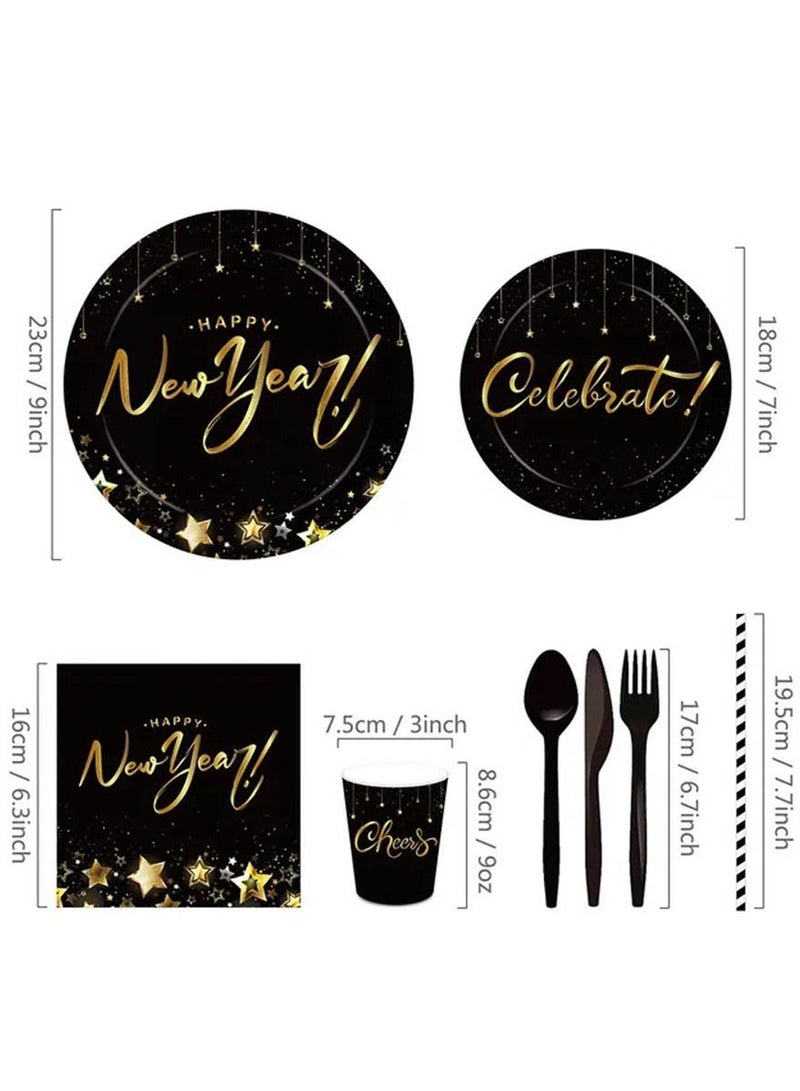 Brain Giggles 77pcs Happy New Year Disposable Tableware Party Supplies With Paper Plates Napkins Cups Spoons Forks Straws - Image 3