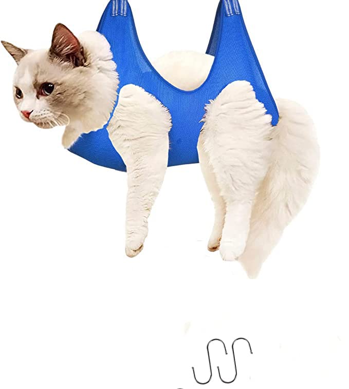 Rhyhorn Pet Grooming Hammock Harness for Cats & Dogs, 2 S-Hooks Dog Holder for Grooming, Pet Supplies Kit, Pet Stuff Helper Bathing, Ear/Eye Care (Blue) - Image 1