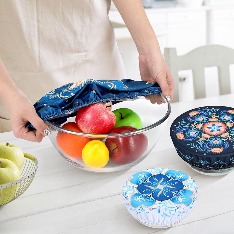 Revahope 5 Pieces Bowl Covers Reusable, 5 Size Elastic Cloth Bowl Covers for Bread Proofing Food Covers Washable for Food Fruits Leftover (Dark Blue Floral) - Image 3