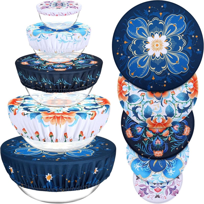 Revahope 5 Pieces Bowl Covers Reusable, 5 Size Elastic Cloth Bowl Covers for Bread Proofing Food Covers Washable for Food Fruits Leftover (Dark Blue Floral) - Image 1