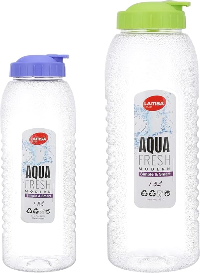 Lamsa plastic water and juice bottle set 1.5 liters, made in egypt green and purple