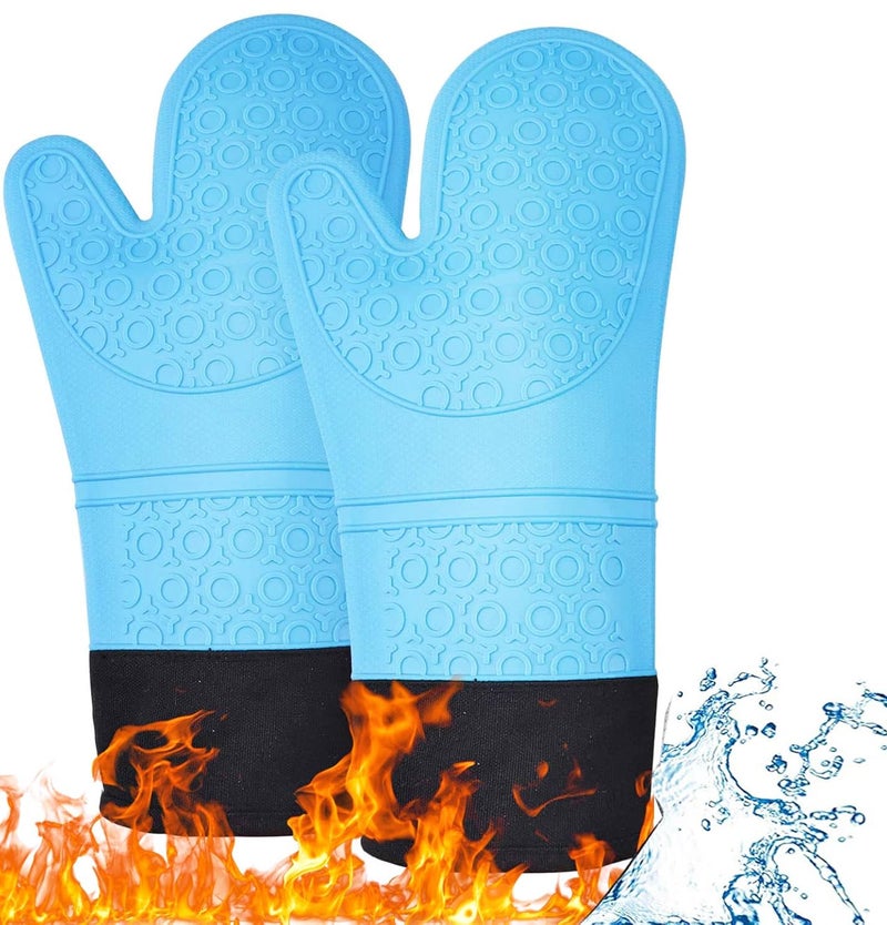 DOCOSS Large Silicone Oven Mitts Cotten Quilted Silicone Heat Proof Kitchen Oven Gloves for Baking 37.3 x 18.3 cms, 2 pc Set, Blue - Image 1