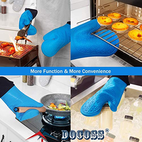 DOCOSS Large Silicone Oven Mitts Cotten Quilted Silicone Heat Proof Kitchen Oven Gloves for Baking 37.3 x 18.3 cms, 2 pc Set, Blue - Image 5