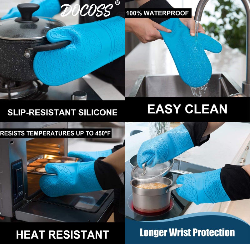 DOCOSS Large Silicone Oven Mitts Cotten Quilted Silicone Heat Proof Kitchen Oven Gloves for Baking 37.3 x 18.3 cms, 2 pc Set, Blue - Image 2