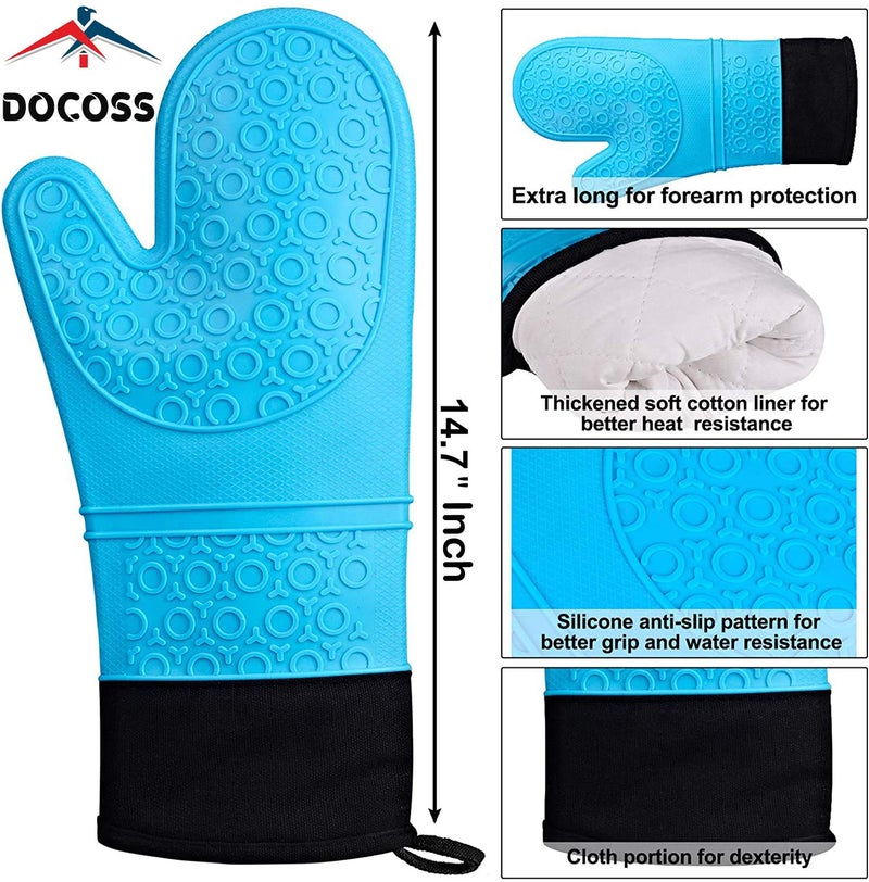 DOCOSS Large Silicone Oven Mitts Cotten Quilted Silicone Heat Proof Kitchen Oven Gloves for Baking 37.3 x 18.3 cms, 2 pc Set, Blue - Image 4