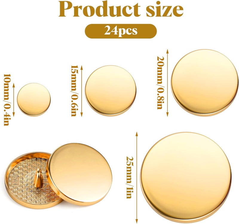 24 gold buttons for blazers, flat metal button, round sewing buttons for women, men, suit clothing, jacket, handicrafts, 10 mm, 15 mm, 20 mm, 25 mm - Image 4