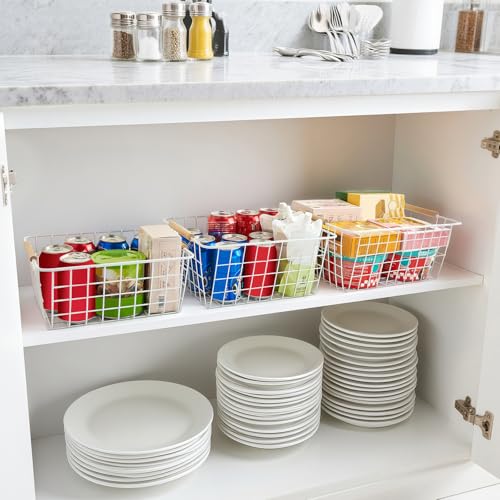 LeleCAT White Wire Baskets for Organizing with Handles，Pantry Organizers and Storage For Kitchen, Household Snack Basket for Cabinets, Closets, Bedrooms,food - Set of 4(White) - Image 3
