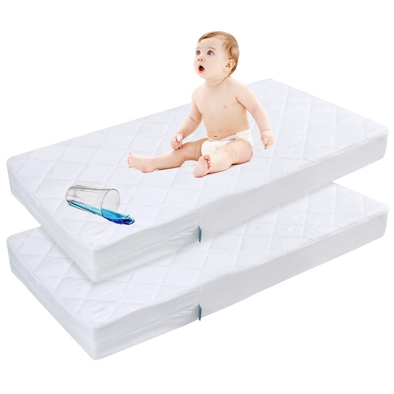 Biloban Zippered Crib Mattress Protector - Waterproof Crib Mattress Encasement, Breathable and Absorbent, 6 Sides Fully Encased Cover, 2 Pack, Microfiber - Image 1