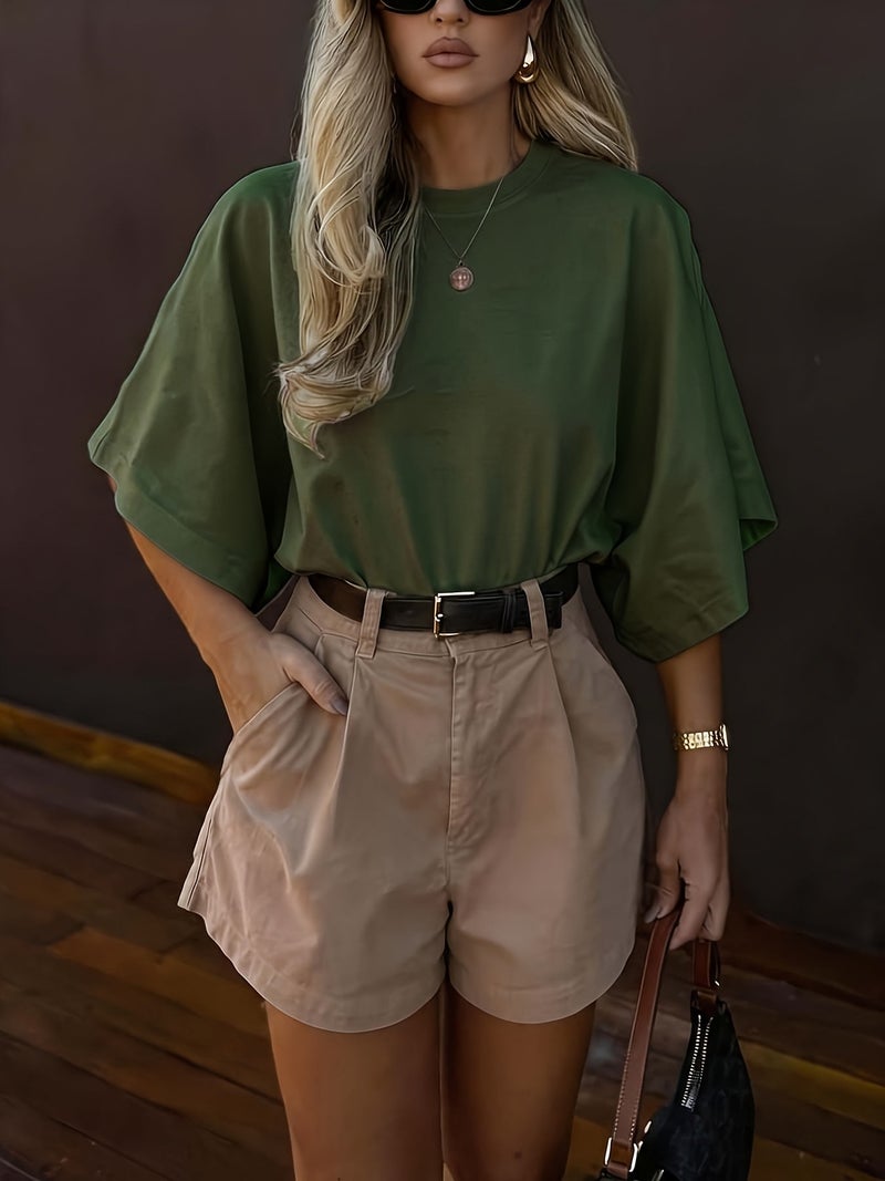 Summer Designer Solid Color T - Shirt, New Women's Round Neck Pullover Short Sleeve, Casual Loose Fit Versatile Top - fern green / XS - Image 3