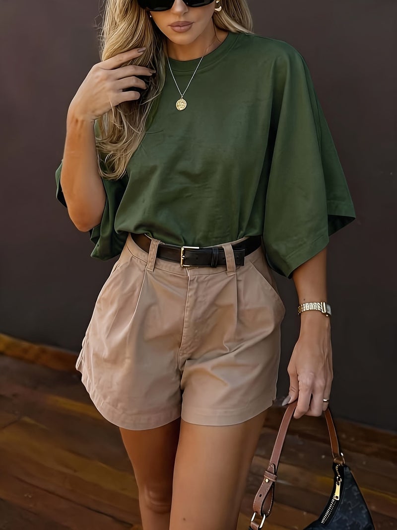 Summer Designer Solid Color T - Shirt, New Women's Round Neck Pullover Short Sleeve, Casual Loose Fit Versatile Top - fern green / XS - Image 5