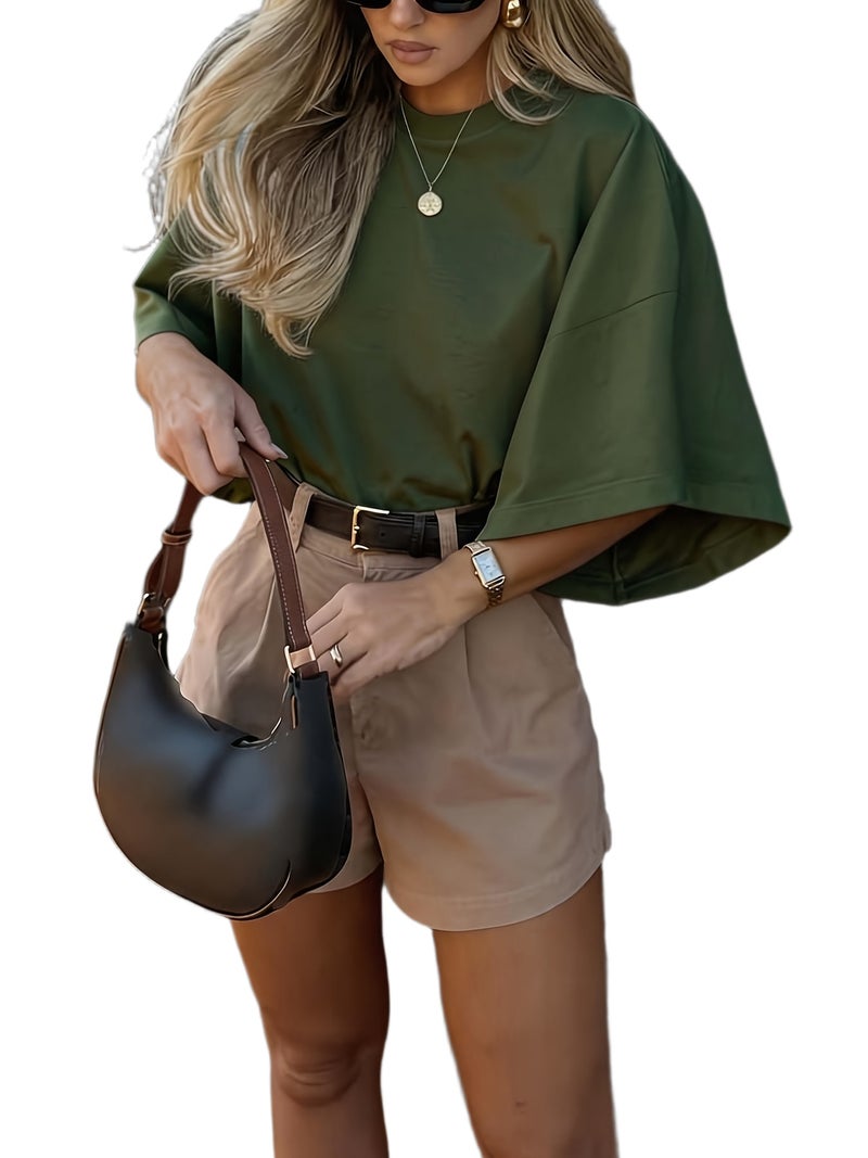 Summer Designer Solid Color T - Shirt, New Women's Round Neck Pullover Short Sleeve, Casual Loose Fit Versatile Top - fern green / XS - Image 1