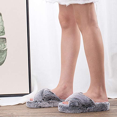 DL Fluffy Women's House Slippers with Cross-Band, Open Toe, Soft Plush Fleece, Memory Foam, Comfy Fuzzy Slip-On Non-Slip Indoor Pink, Gray, Black, White - Image 2