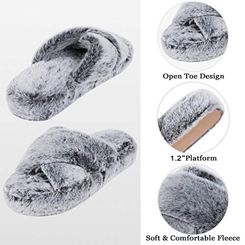 DL Fluffy Women's House Slippers with Cross-Band, Open Toe, Soft Plush Fleece, Memory Foam, Comfy Fuzzy Slip-On Non-Slip Indoor Pink, Gray, Black, White - Image 3