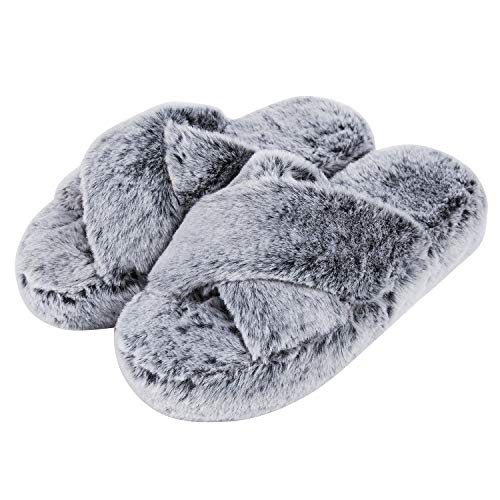 DL Fluffy Women's House Slippers with Cross-Band, Open Toe, Soft Plush Fleece, Memory Foam, Comfy Fuzzy Slip-On Non-Slip Indoor Pink, Gray, Black, White - Image 1