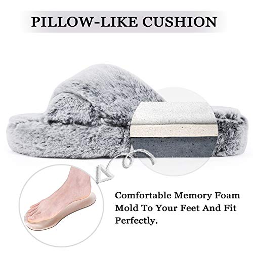 DL Fluffy Women's House Slippers with Cross-Band, Open Toe, Soft Plush Fleece, Memory Foam, Comfy Fuzzy Slip-On Non-Slip Indoor Pink, Gray, Black, White - Image 4