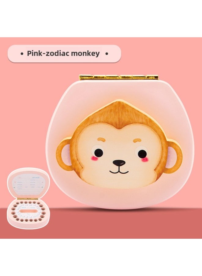 Generic Baby Tooth Memorial Box Wooden Boys And Girls Baby Tooth Box Children Tooth Collection Storage Box Baby Tooth Loss Storage Box-Color:Pink-monkey  - Image 1